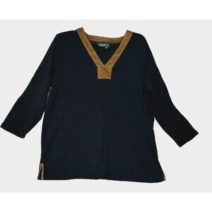 Lauren Ralph Lauren Black Shirt Womens 2X Brown Faux Suede Trim V Neck